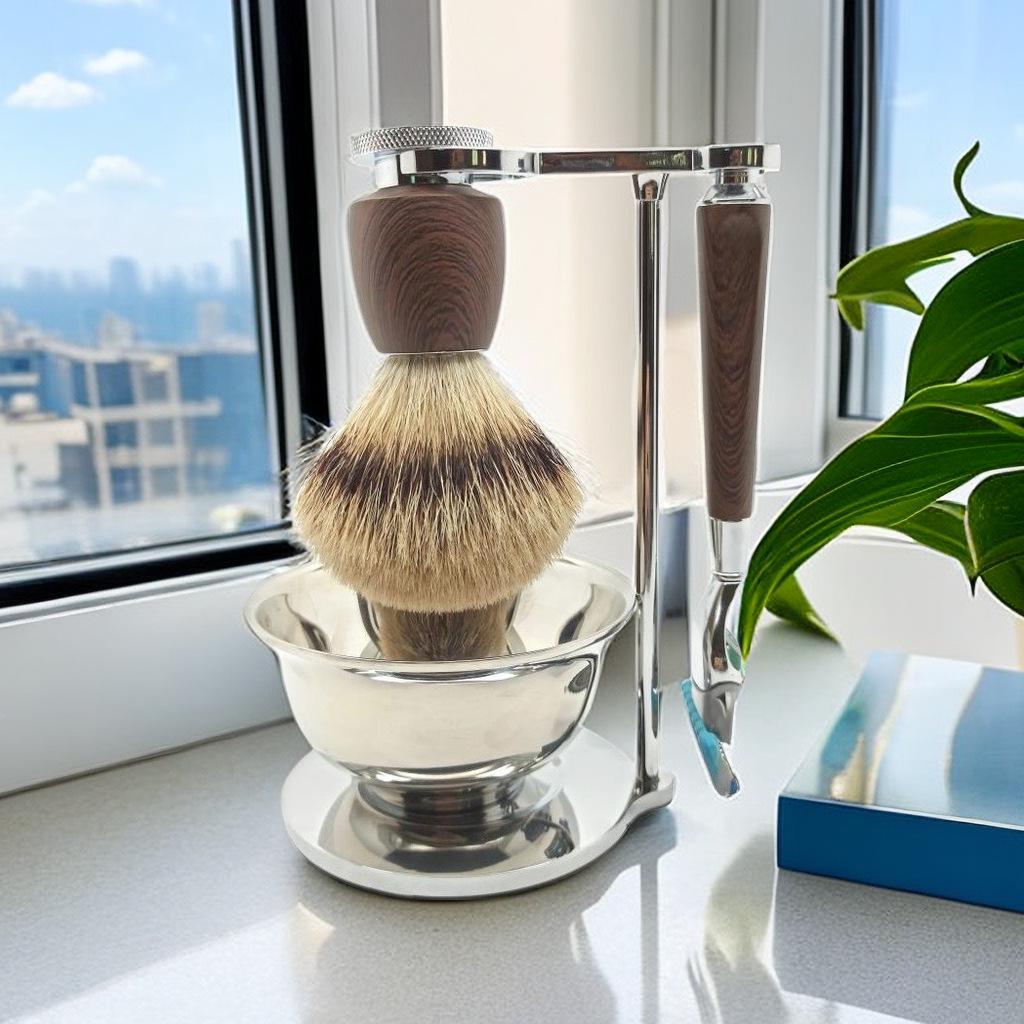 Men's Shaving Gift Set: 3 & 5 Layer Razor, Double-Sided Razor, Beard Brush, Bristle Brush, Bowl & Stand.