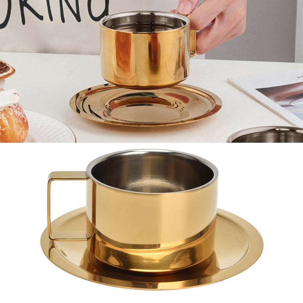 Metal Coffee Mug Stainless Steel Coffee Cup Gold Fashionable Design Espresso Cups Portable Durable Cup and Saucer Set Tea Lovers