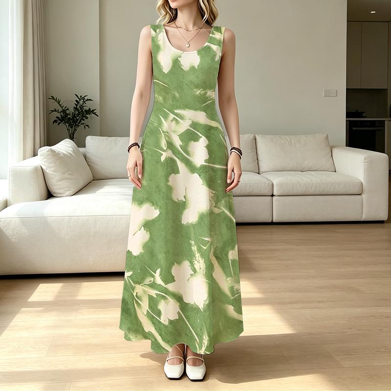 Women's Long Tank Dress Fresh Green White Gradient,Flowy Full Skirt,Soft & Comfy Fabric,Versatile for Daily Commute,Casual Home & Outwear