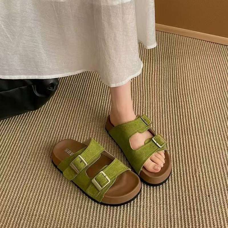 Retro thick-soled heightening one-word slippers women's summer 2025 new wear simple non-slip soft-soled Birkencool slippers