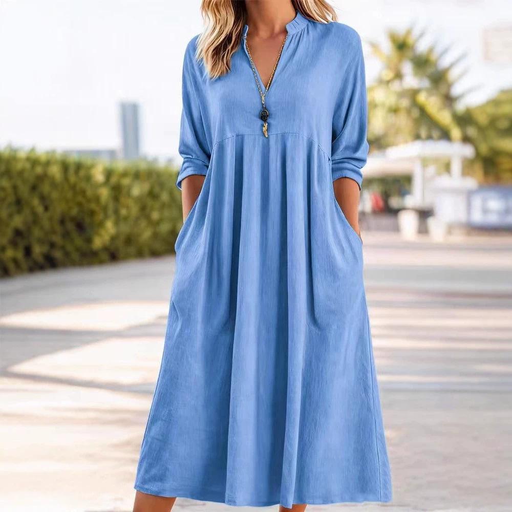 Summer V-neck New Solid Color Dress Loose Women's Clothing