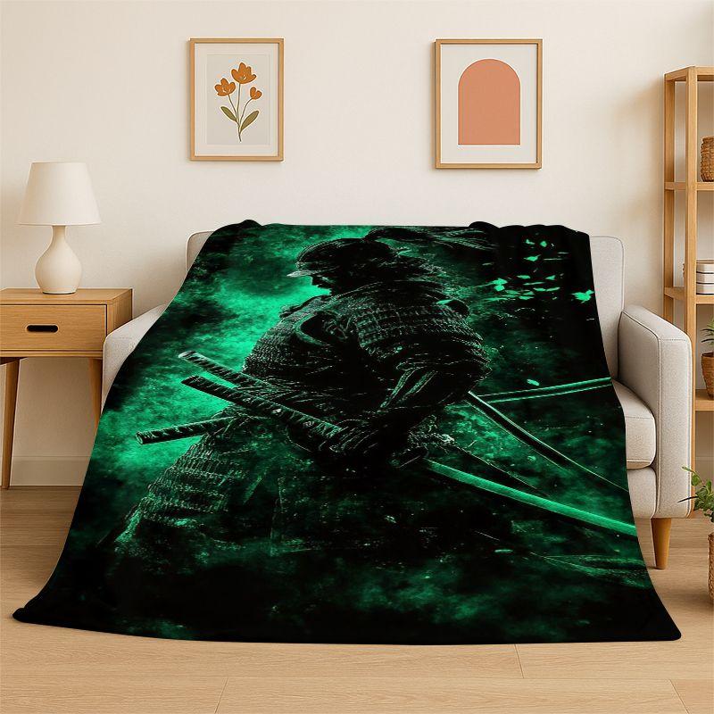 Japan Samurai Art Bushido Katana Cartoon Flannel Blanket Soft Throw Blanket for Bedroom Living Room Bed Travel Camping Nap Gift