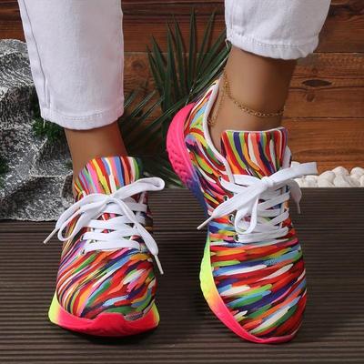 Turnschuhe in Übergröße Bunt gestreift Schnürschuhe Runde Zehenpartie Sportliche Einzelschuhe Regenbogensohle Turnschuhe