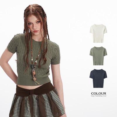 HeyHenry 2025 Retro Short Sleeve Knit Sweater - Slim Fit Cable Knit Top for Women