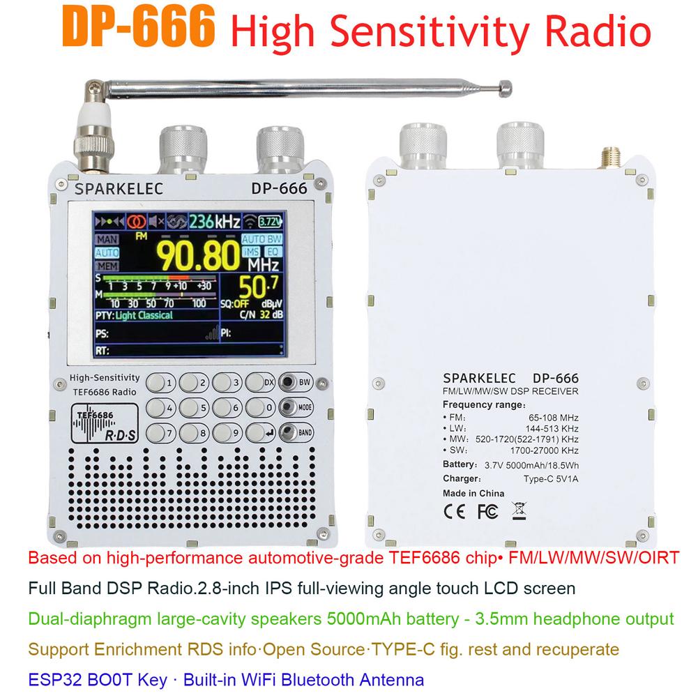DP-666 TEF6686 Radio High Sensitivity Portable Full Band FM AM Short Wave Radio FM/LW/MW/SW DSP Receiver 2.8-inch LCD Screen