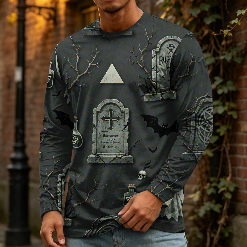 Men's Halloween Print Crewneck Long Sleeve T-Shirt for Casual Wear