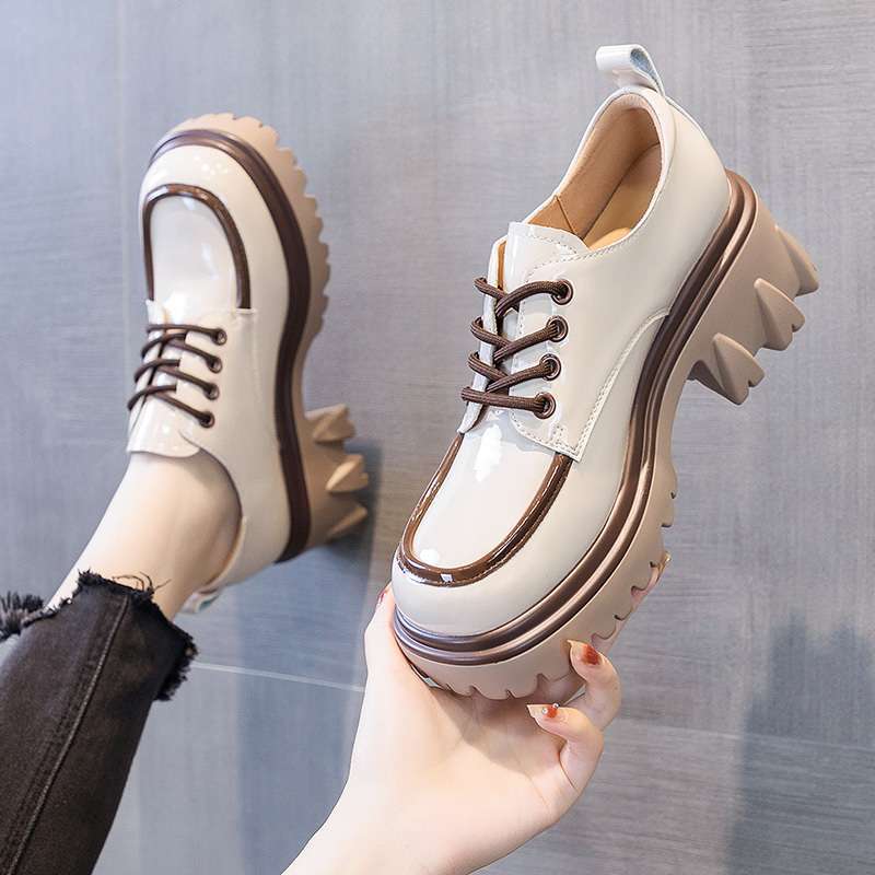 Size 35-43, large size thick-soled heightened retro British style small leather shoes women's 41 round head black lace-up versatile single shoes
