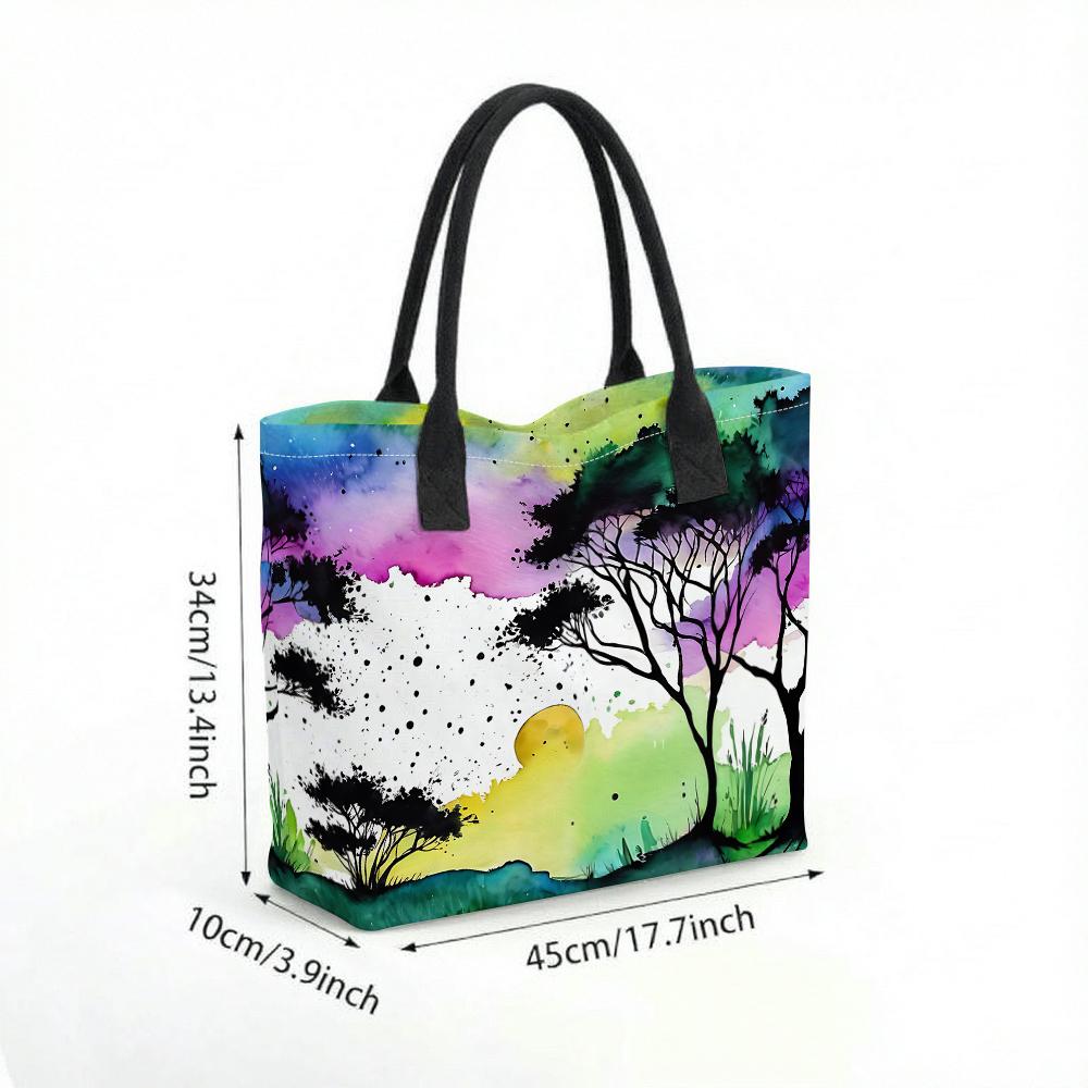  Watercolor Landscape Tote Bag Casual Large Capacity Shoulder Handbag for Daily Use