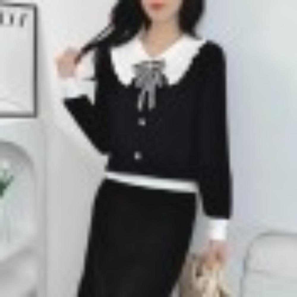 

Новый осенний вязаный топ с кукольным воротником, бантом и кружевом, с длинными рукавами one size чёрный