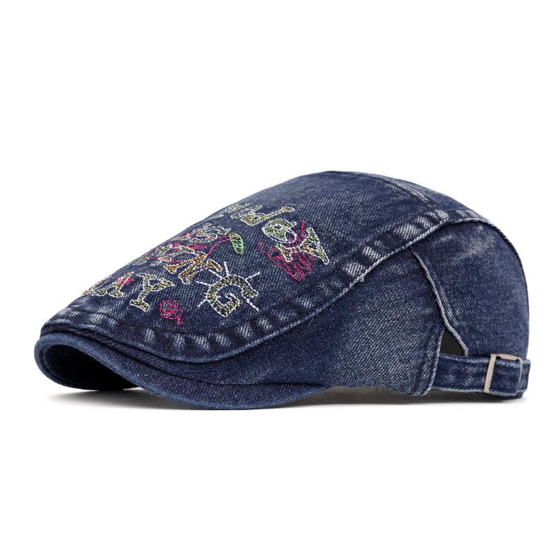 Summer Embroidery Cap Women Vintage Letter Denim Forward Cap Men Beret