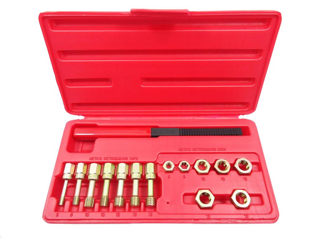 Bolt-type tap and die set with screw pitch file, metric sizes, thread repair tool, M6x1, M8x1.25, M10x1.25, M10x1.5, M12x1.25, M12x1.5, M12x1.75