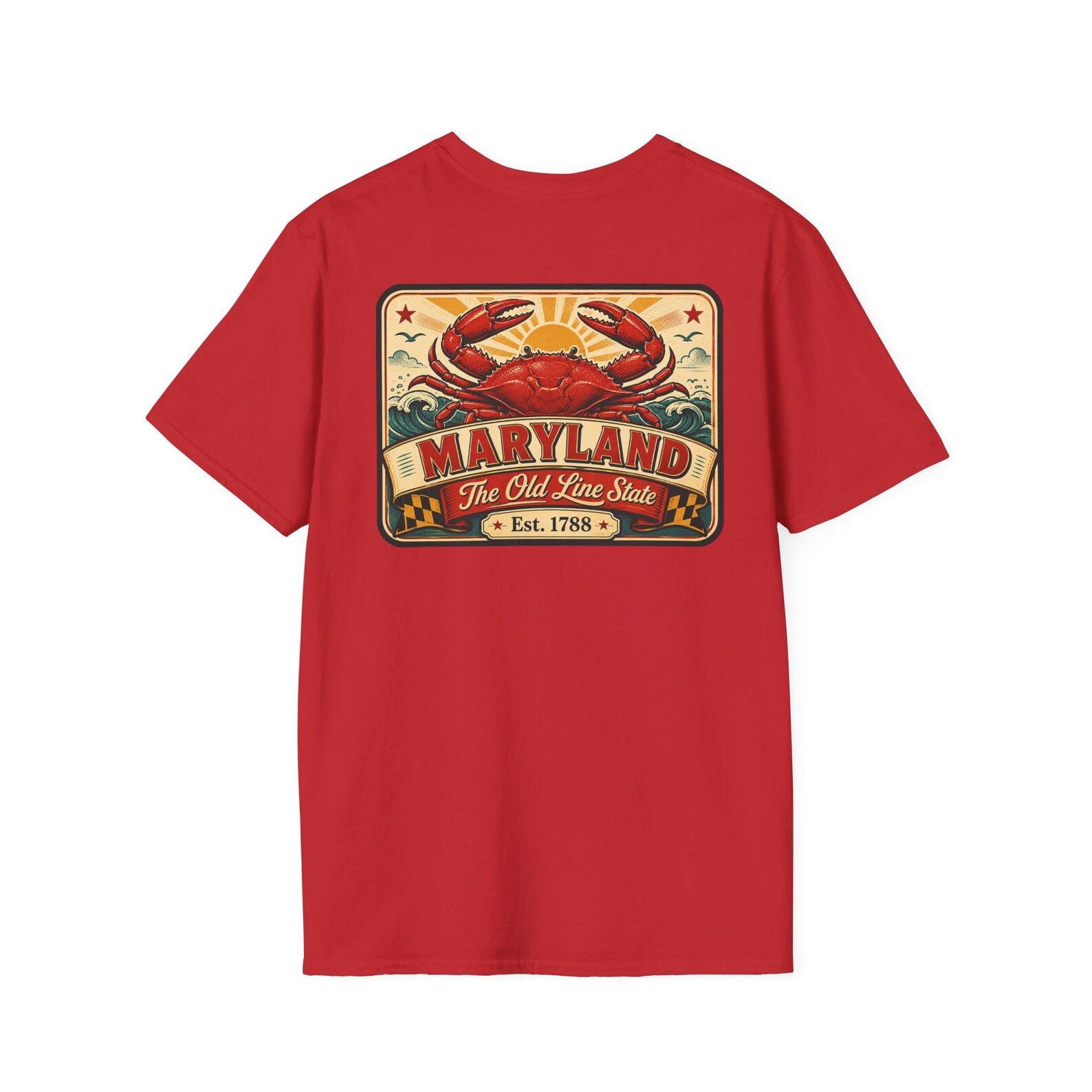Maryland Old Line State T-Shirt | Vintage Mid-Century Travel Luggage Tag Tee | Chesapeake Bay Crab Souvenir | MD Road Trip Gift S