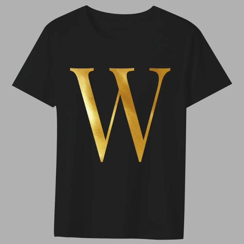 Fashion T-shirt Black Men's 26 English Letters Gold Printing Pattern Series Casual Round Neck Commuter Comfortable Top T-Shirts Men’s