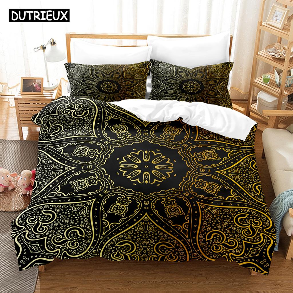 Set de lenjerie de pat cu model decorativ auriu imprimat 3D, husă de plapumă din puf cu față de pernă, dublu, single, king