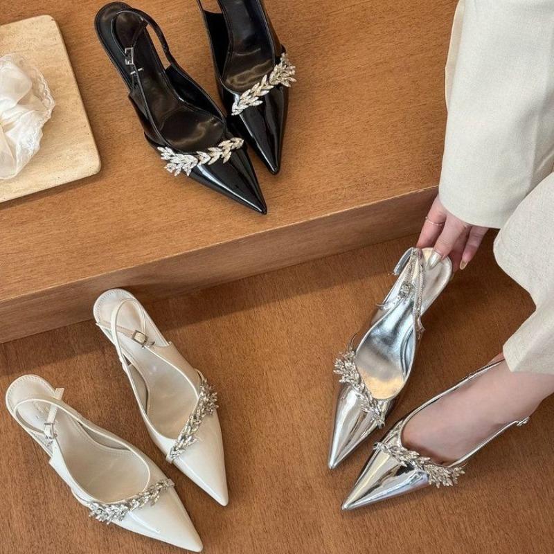 Sandals women's thin heels summer patent leather back empty single shoes pointed sexy rhinestones beautiful temperament versatile word with high heels