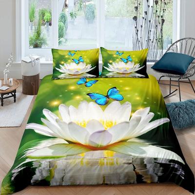 Lotus Bettwäsche-Set 3-teilig für Kinder Mädchen Weißes Lotusblumen-Druck Bettbezug Blau Schmetterling Dekor Polyester Bettdeckenbezug Set
