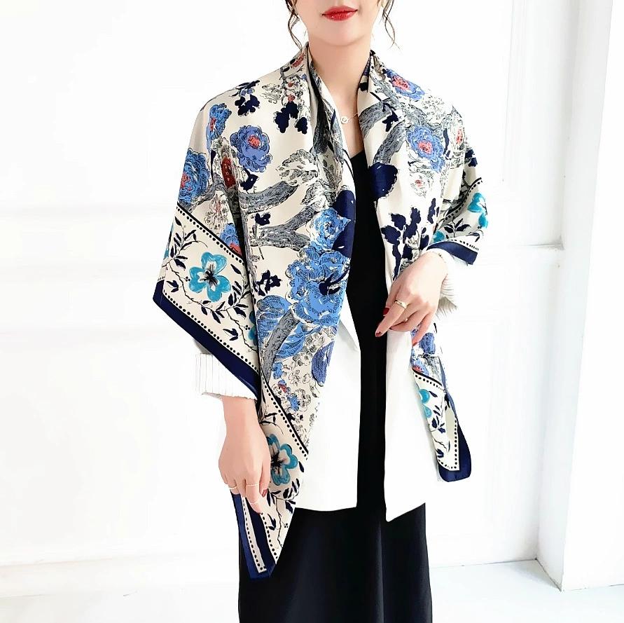 130cm Retro Floral Printing Twill Silk Square Scarf Women Multi-Purpose Shawl Sun Protection Four Season Travel Scarf