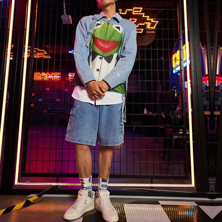 Li Ning X Disney Muppets Collection Logo Print Washed Denim Shorts Men Shorts Blue AJSR007-1