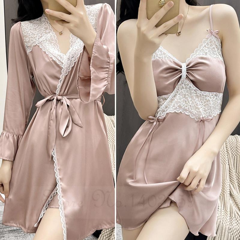 Female Patchwork Lace Twinset Robe Set Kimono Bathrobe Gown Sexy Sleepwear Nightgown Lingerie Silky Satin Home Dress Lounge Wear