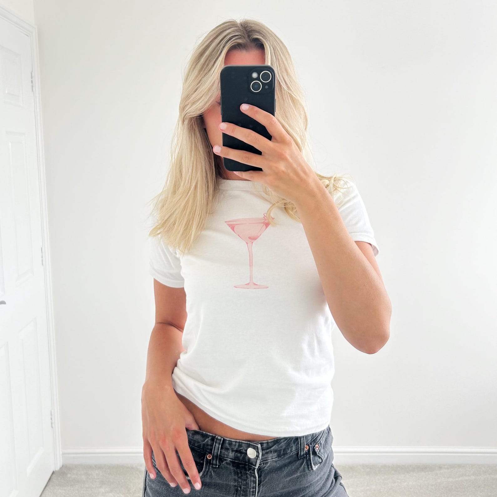 Y2K Pink Martini Baby Tee, Cropped Graphic Print T-Shirt S