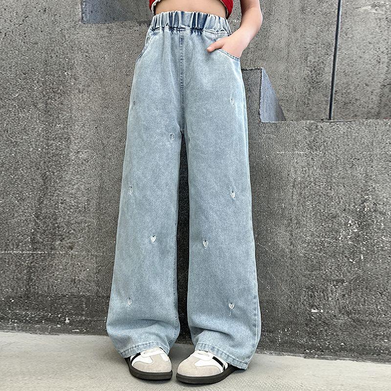 Girls' Embroidered Casual Wide-Leg Jeans for Spring & Autumn