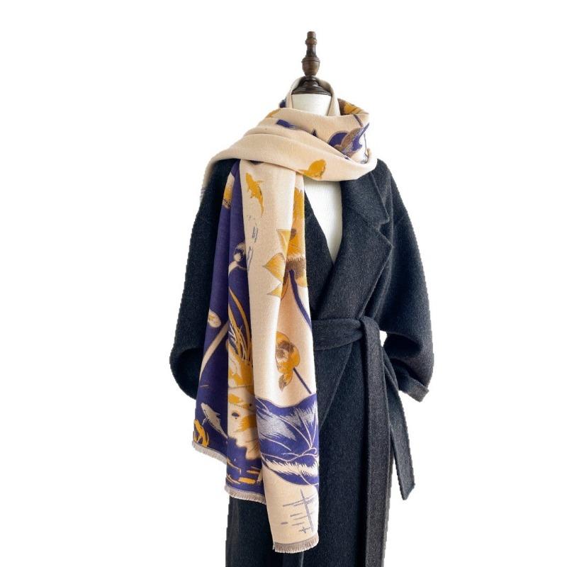 Imitation cashmere ink painting lotus scarf women's new warm simple autumn and winter double-sided thickened scarf