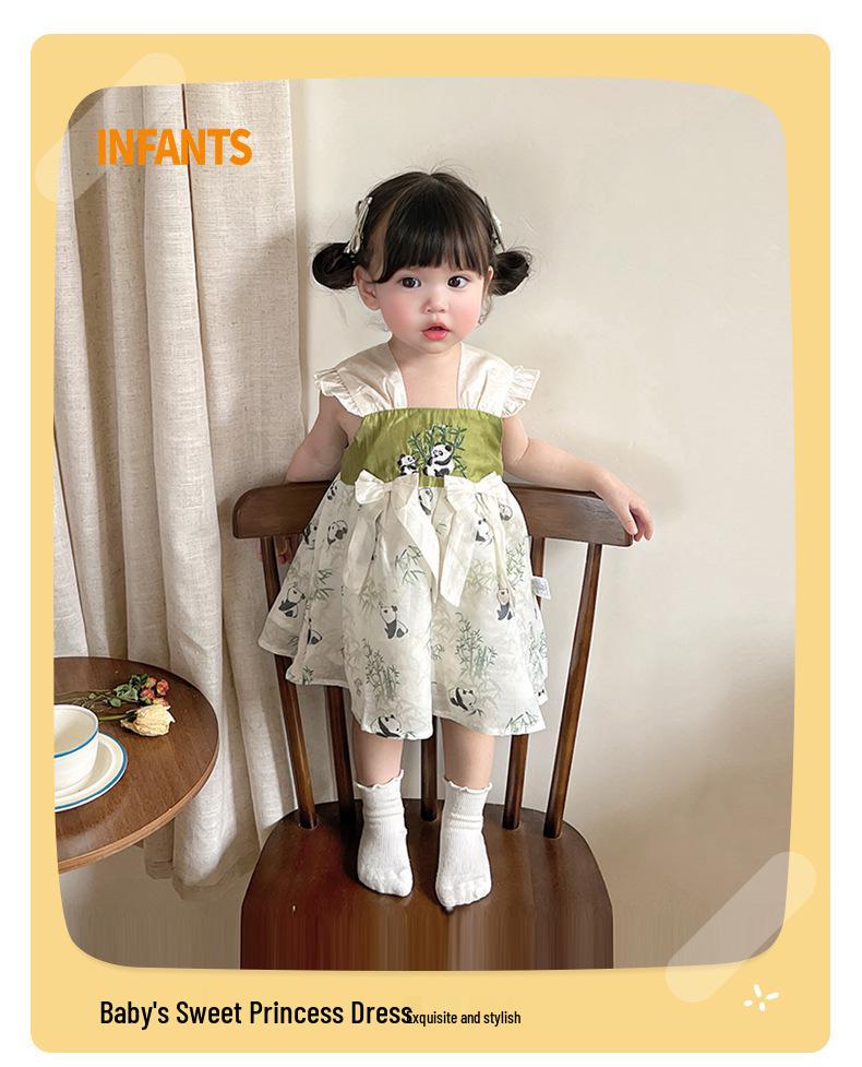 2025 Summer Baby Girls' Chinese Style Puff Sleeve Sling Dress with Frog Buttons - Princess Design for One-Year-Old
