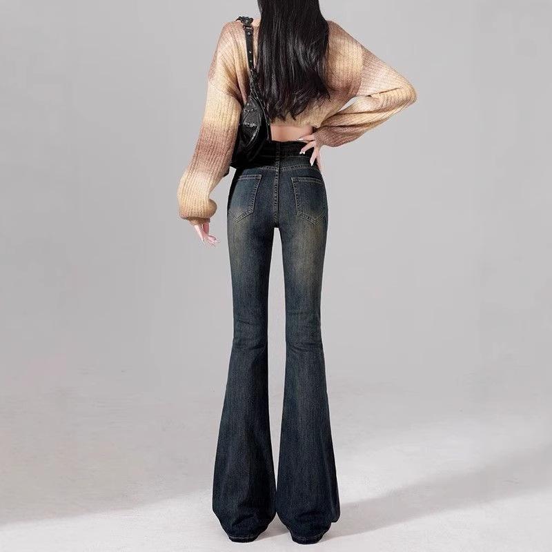Women's Cement Gray High-Waisted Micro-Flared Jeans - Autumn 2025 Vintage Slimming Petite Pants