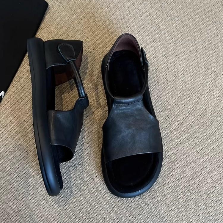 Soft leather version~ retro casual hollowed-out open-toed sandals women's summer new versatile soft-soled heightening Roman shoes