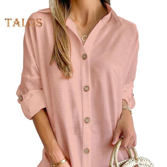 Fall Spring Women Dress Shirt Type Single-breasted Split Hem Loose Solid Color Buttons with Cufflink Above Knee Length Mini Dress