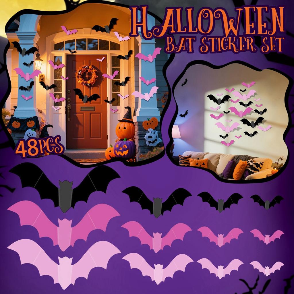 Pinks Bats For Wall Halloween 3D Bats Blush And Black DIY Wall Decal Bathroom Indoor Cute Pastels Halloween, PVC Door Bats Stickers For Home (48pcs)