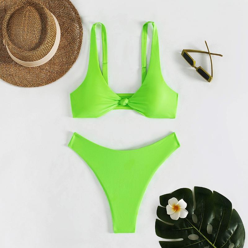Damen Unifarbenes Knallpinkes Zweiteiliges Bikini-Set - Verdrehter Front-V-Ausschnitt Hohe Taille Badeanzug