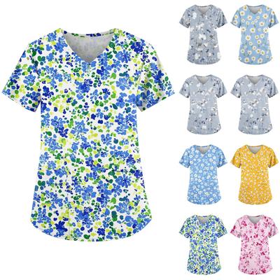 Bedruckte Scrub-Arbeitsuniform-Oberteile für Damen in Übergröße, kurzärmelig, V-Ausschnitt, lustige T-Shirts, Arbeitskleidung, T-Shirt mit Taschen