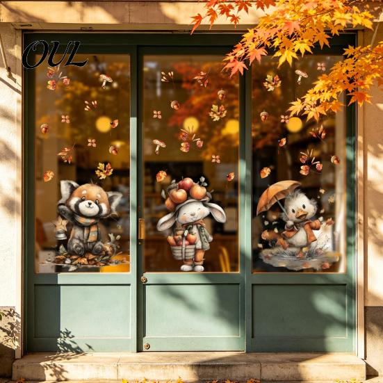 Static Window Decals of Forest Animals Autumn Sticker with Cute & Maple Leaves, Removable Harvest Pastoral Theme Art Festival Clings, Waterproof