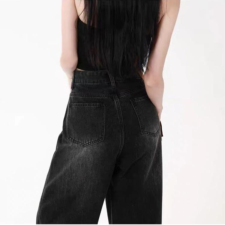 Plus Size Retro Black High-Waist Jeans for Women - Slimming, Wide-Leg, Floor-Length