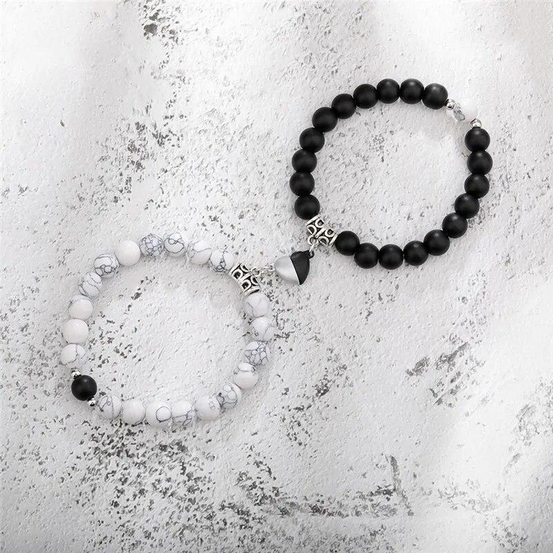 Trendy Couple 2Pcs/Set Natural Stone Beads Love Heart Magnetic Bracelet For Women Men Charm Peach Beaded Bracelets Jewelry Gifts