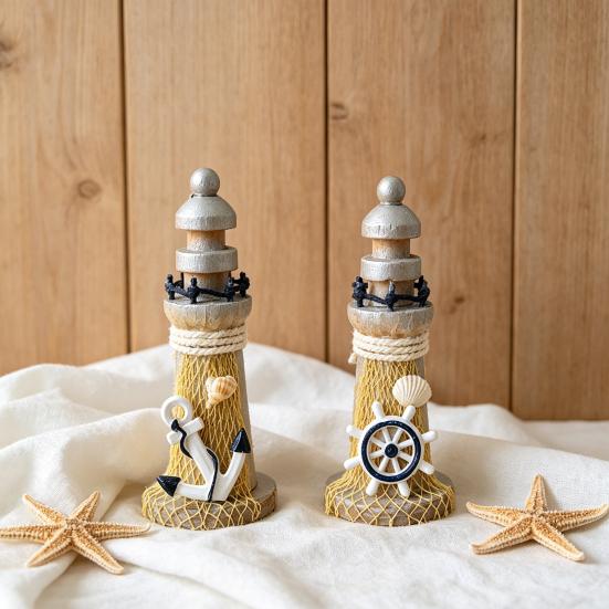 Yousheng Rustic Wood Lighthouse Figurine, Nautical Lighthouse Ocean Beach Sculpture, Handcrafted Coastal Tabletop Centerpiece for Mantel Bookshelf