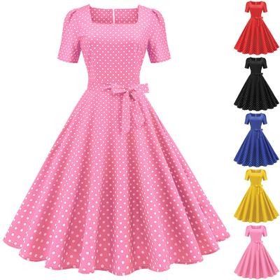 Women's Fashion Casual Short Sleeve Square Collar Slim Vintage Dot Print Dress With Belt