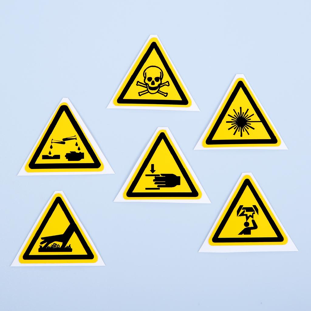 5pcs Triangle Warning Sign Sticker 2.5/5cm Alarm Logo Label Beware Hurting Heating Corrosion Poison Laser Bumping Self-Adhesive