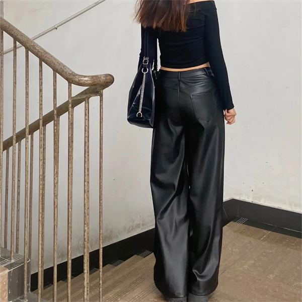 Plus Size Women's Black PU Leather High Waist Straight Leg Pants - Loose, Floor-Length, Wide/Narrow Leg Style for Spring/Autumn.