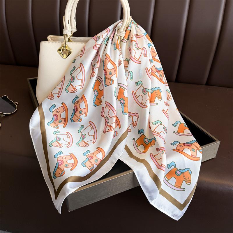 Korean Style Cute Trojan Printed Silk Feel Square Scarf For Women