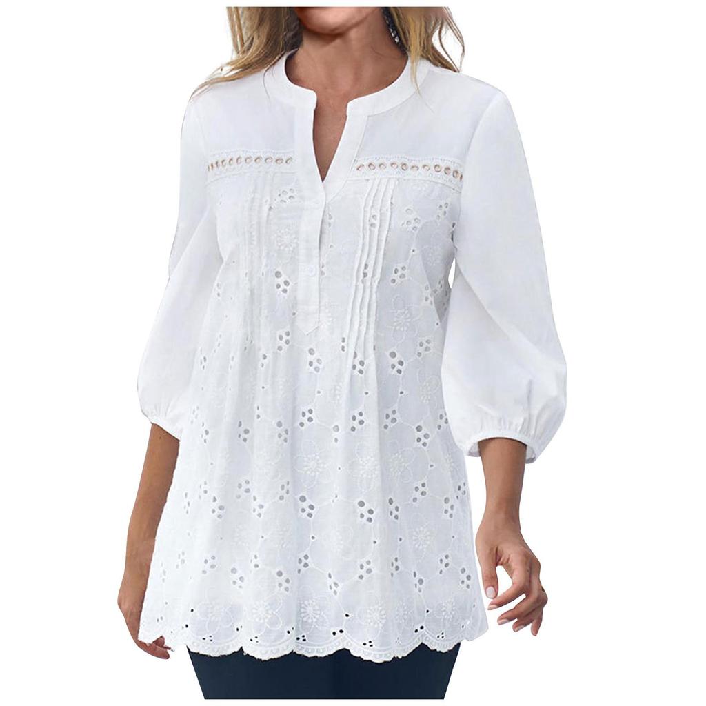 Summer Women's 3/4 Sleeve Blouses Casual Loose Fit Solid Color V Neck Tops Ladies Length Sleeve T-Shirts
