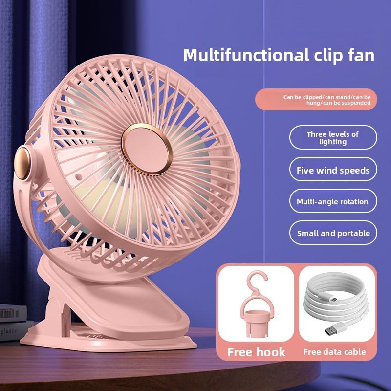 4 in 1 Clip Fan 5 Speeds 3 Night Lights 720° Rotation USB Rechargeable Brushless Motor Ultra Quiet for Home Office Dorm Camping