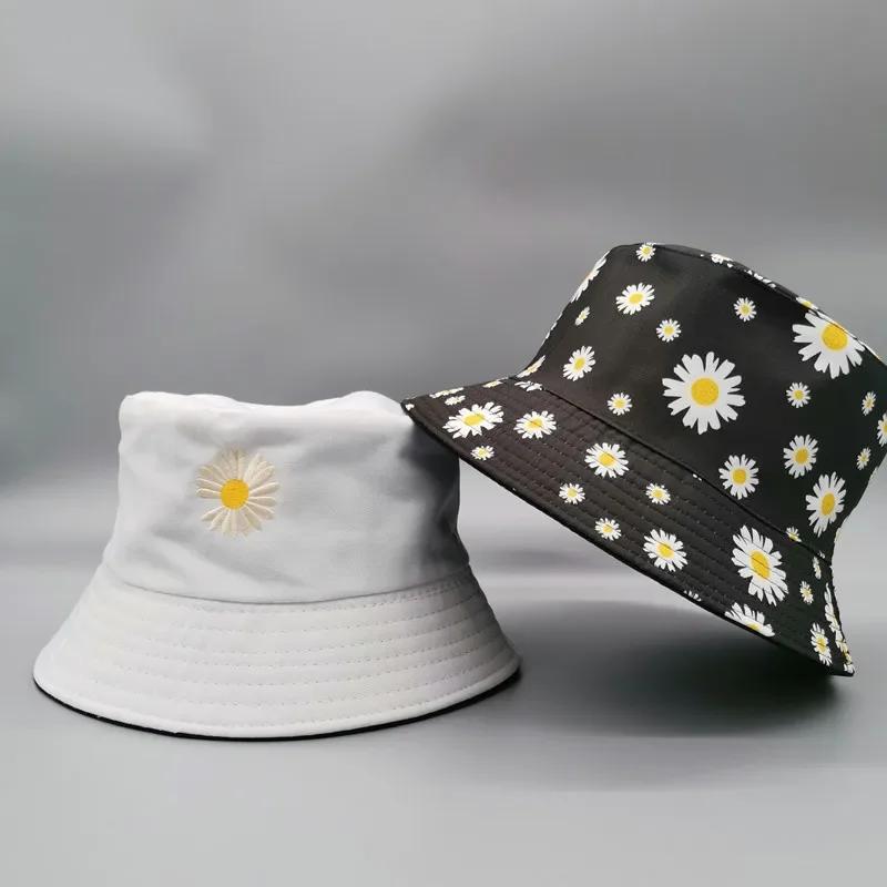 Fashion Fresh Double-sided Daisy Embroidery Summer Daisies Bucket Hat Unisex Fashion Cotton Beach Sun Floral Hat Fisherman Hat