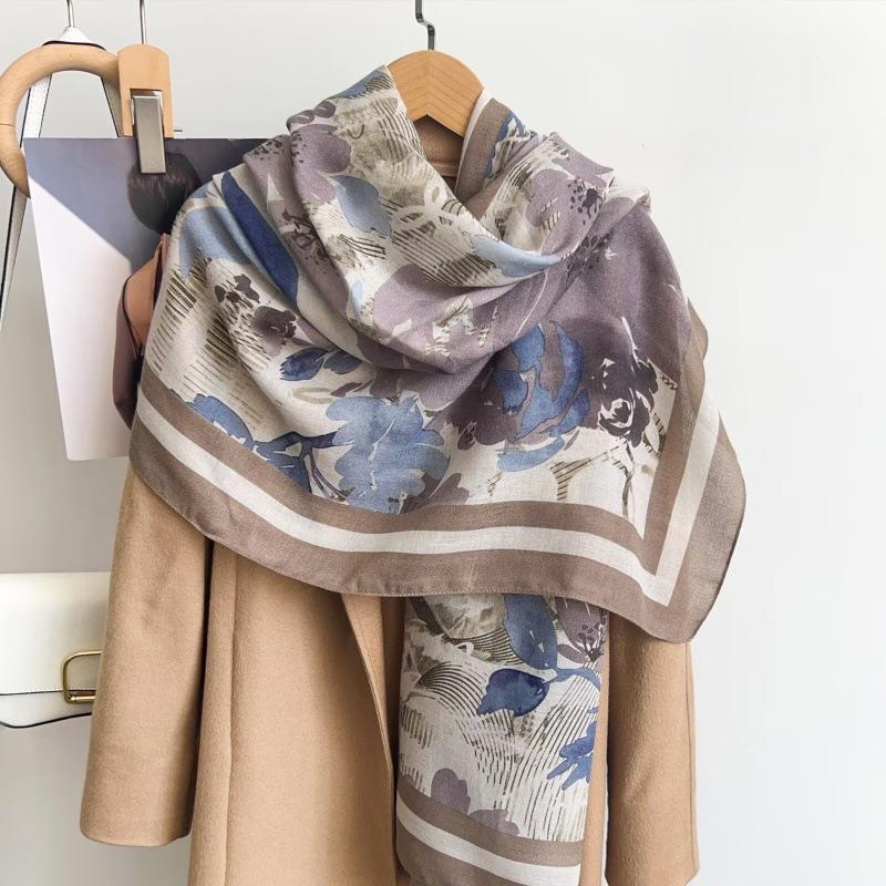 New Chinese Style Oil Painting Flower Scarf Long Silk Scarf For Travel Sun Protection