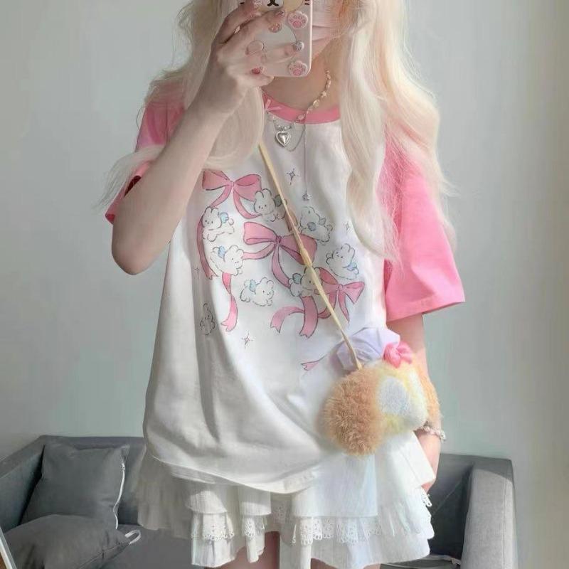 2KWEIRD Kawaii Rabbit Graphic Pink T Shirts Women Japanese Y2k Style Sweet Cartoon Tees Harajuku Cute Short Sleeve Tops