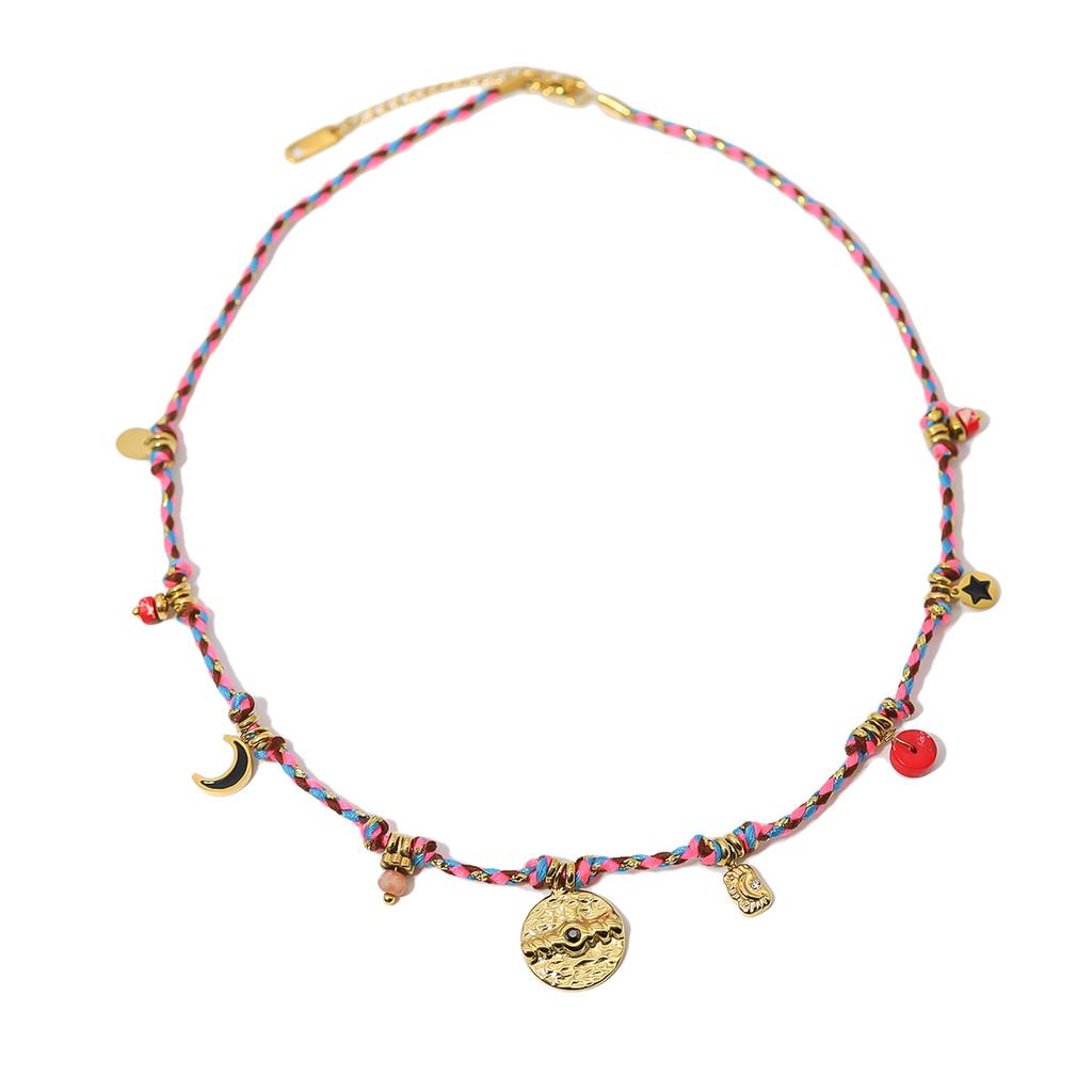 French Vintage Bohemian Woven Choker Necklace With Titanium Steel Pendant For Women