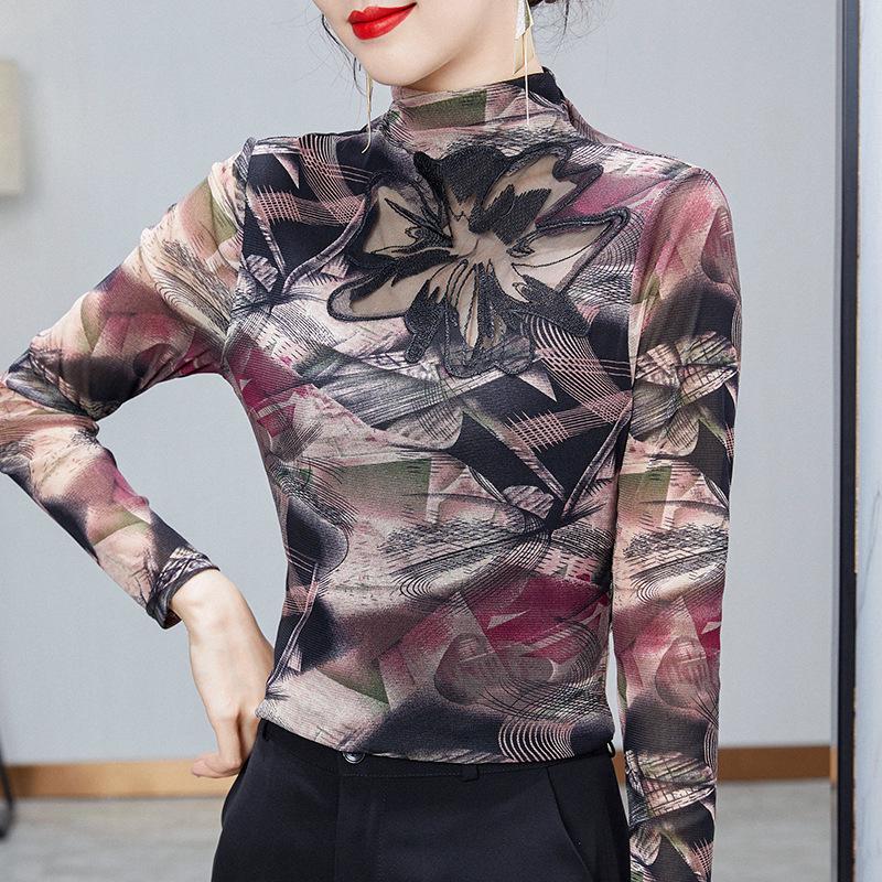 

Модная сетчатая облегающая блузка с полувысоким воротником для мам, весна-осень 2025 3XL абрикосовый/фиолетовый