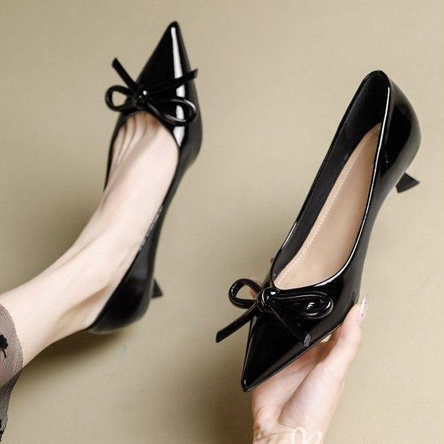 2025 new French bow pointed middle heel commuter non-slip single shoes light mouth patent leather stiletto high heels