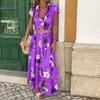 Women's Bohemian Retro Ethnic Printed Resort  V-neck Tie Button Long Dress